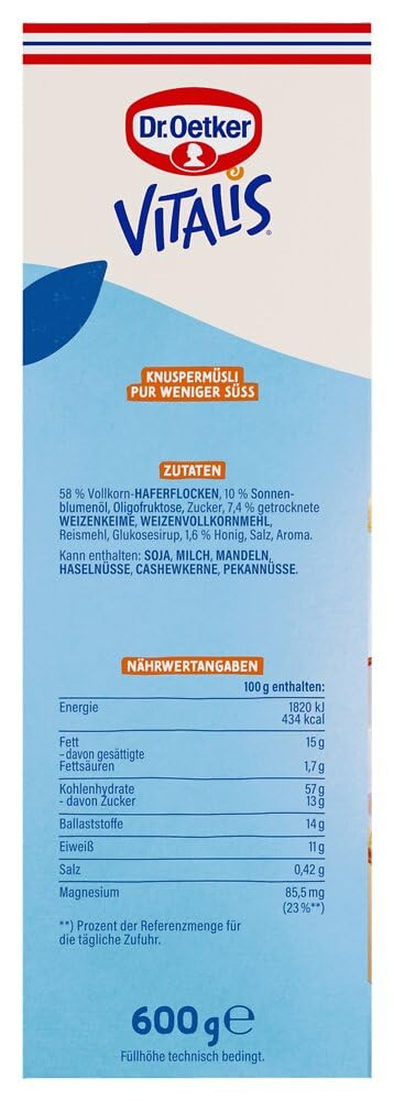 Dr. Oetker Vitalis Less Sweet Crunchy Pure: Chrupiące musli z 30% mniejszą ilością cukru, opakowanie 5 sztuk (5 x 600g)