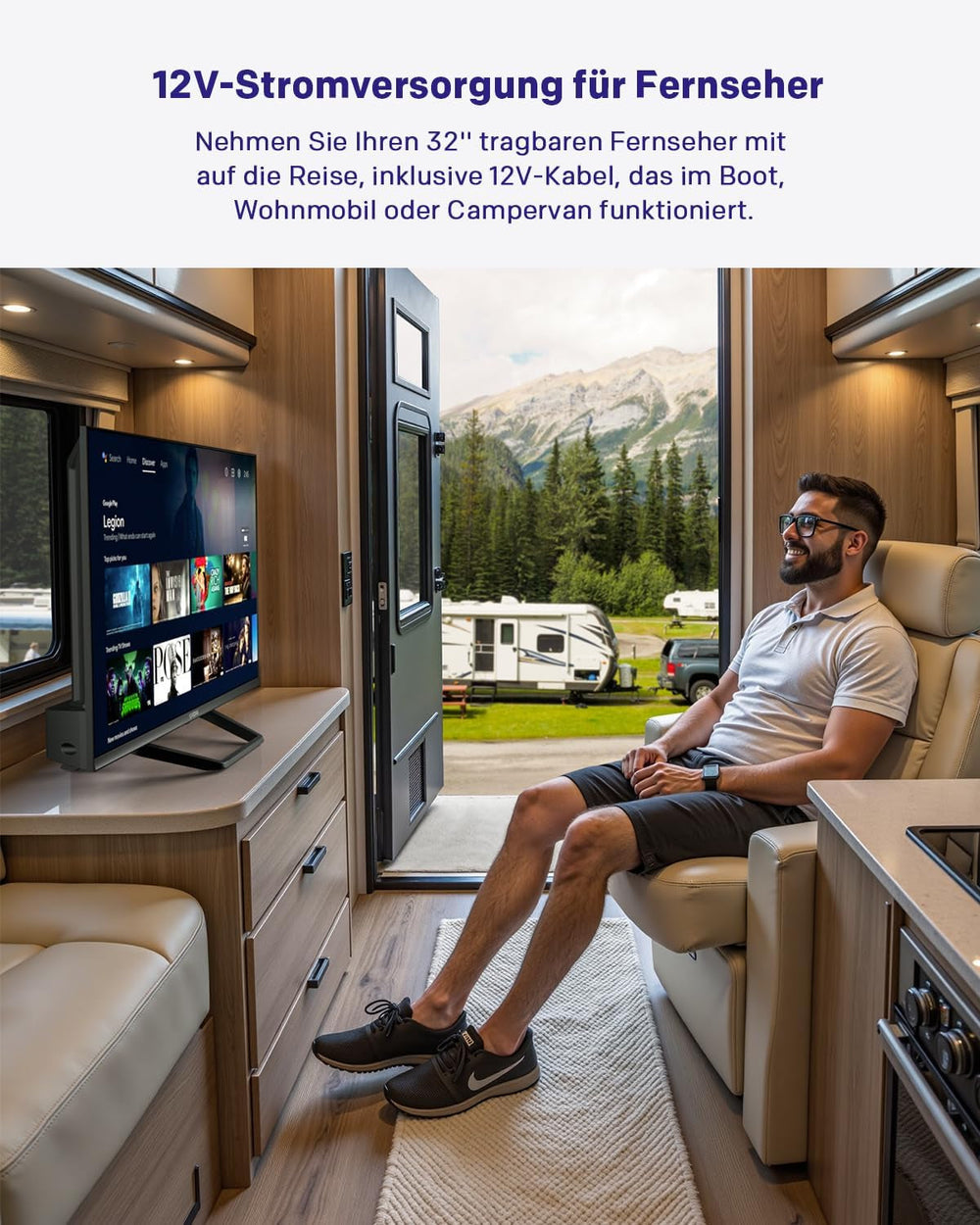 Televizor HD STRONG SRT32HG4723C de 32'' - DVB-S2/C/T2, 12V Ideal pentru autorulote, bucătării, dormitoare, bărci, 2 porturi HDMI + 1 port USB + Mini-AV + conexiune antenă/satelit - Negru