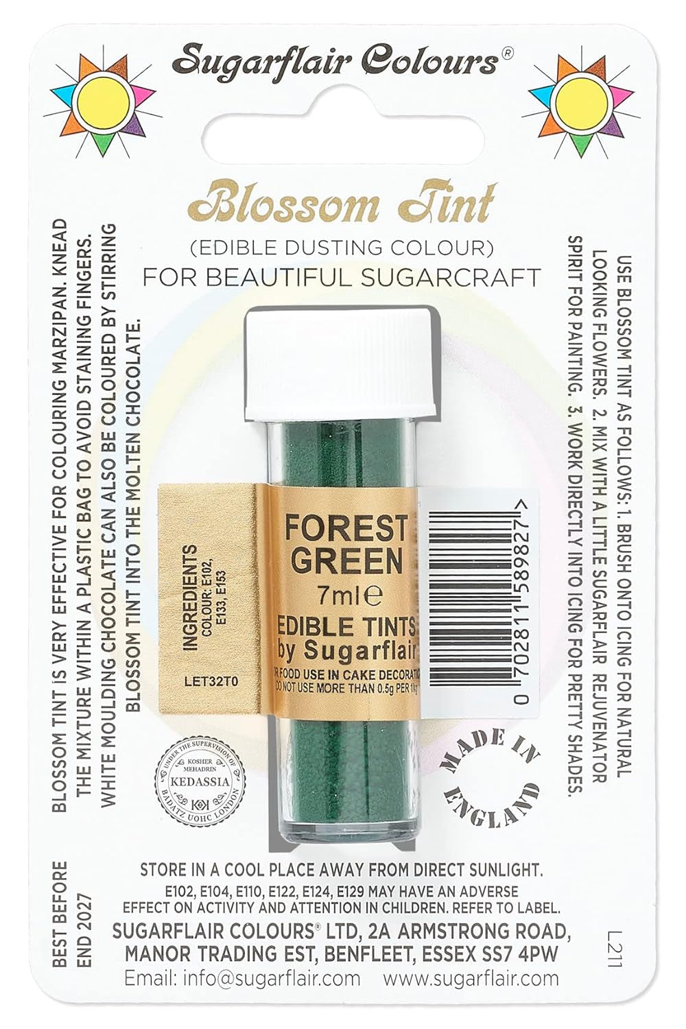 Colorant alimentar pudră Sugarflair Blossom Tint Dusting Verde Pădure - Pudră de colorant alimentar pentru decorarea pastei de zahăr colorate, fondantului, glazurii, ciocolatei, cremei de unt, macaroanelor - 7ml