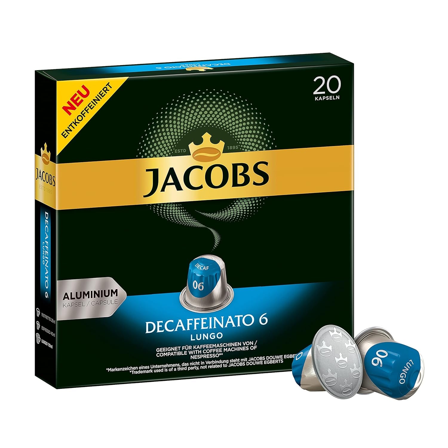 Jacobs Kaffeekapseln Lungo Decaffeinato- Intensität 6, 10er Pack, 10 x 20 Getränke & Kaffeekapseln Lungo Intenso, Intensität 8 von 12, 200 Nespresso®* kompatible Kapseln, 10 x 20 Getränke