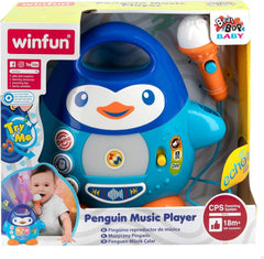 WinFun karaoke music player, design pinguin, cu lumini intermitente și efecte de ecou, în albastru, stil jucăuș, conexiune USB Jucarii Bebe Naty Shop