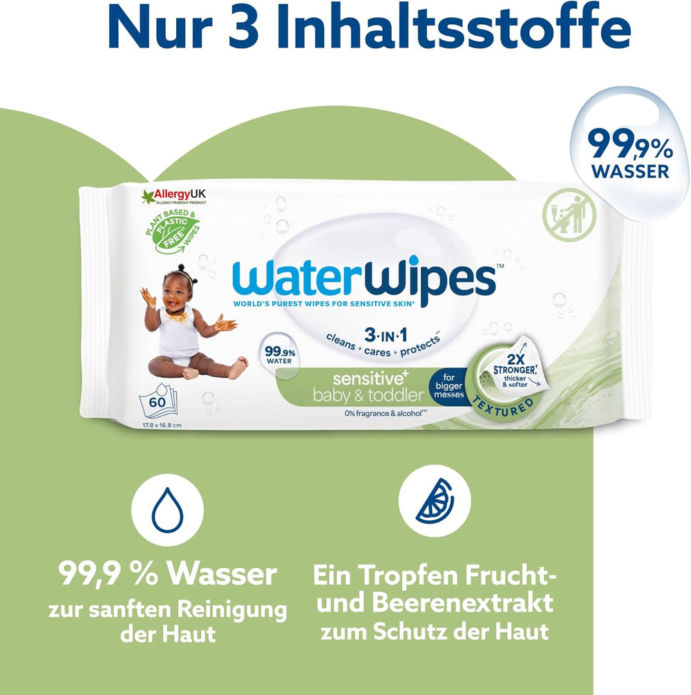 WaterWipes Sensitive+ Chusteczki nawilżane dla niemowląt i małych dzieci, 720 szt. (12 szt.), 3 w 1 czyszczenie, pielęgnacja, ochrona, 99,9% wody, teksturowane oczyszczanie, bezzapachowy