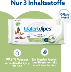 WaterWipes Sensitive+ Chusteczki nawilżane dla niemowląt i małych dzieci, 720 szt. (12 szt.), 3 w 1 czyszczenie, pielęgnacja, ochrona, 99,9% wody, teksturowane oczyszczanie, bezzapachowy