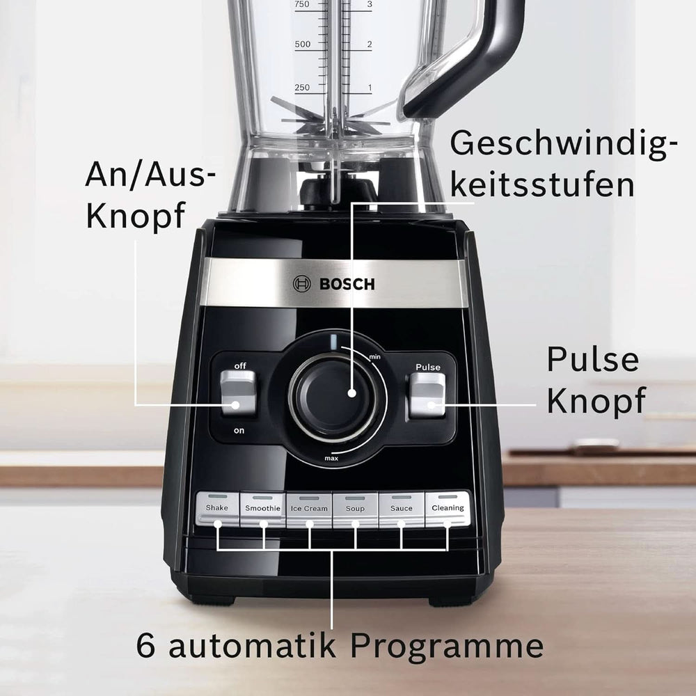 Bosch Mikser stojący Vitaboost MMBH6P6BDE, 6-Klingen-Edelstahlmesser, 2,5 l Tritan-Mixbehälter, Stopfer, 6 programów automatycznych, Rezeptbuch, Bpa-Frei, Einfache Reinigung, 45 000 U/Min, 1600 W, Schwarz Bucatarie Naty Shop