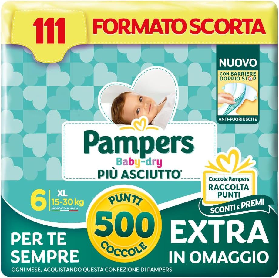 Pampers Baby Dry XL Rozmiar 6 (15-30kg), 111 pieluch + 500 darmowych dodatkowych punktów przytulania