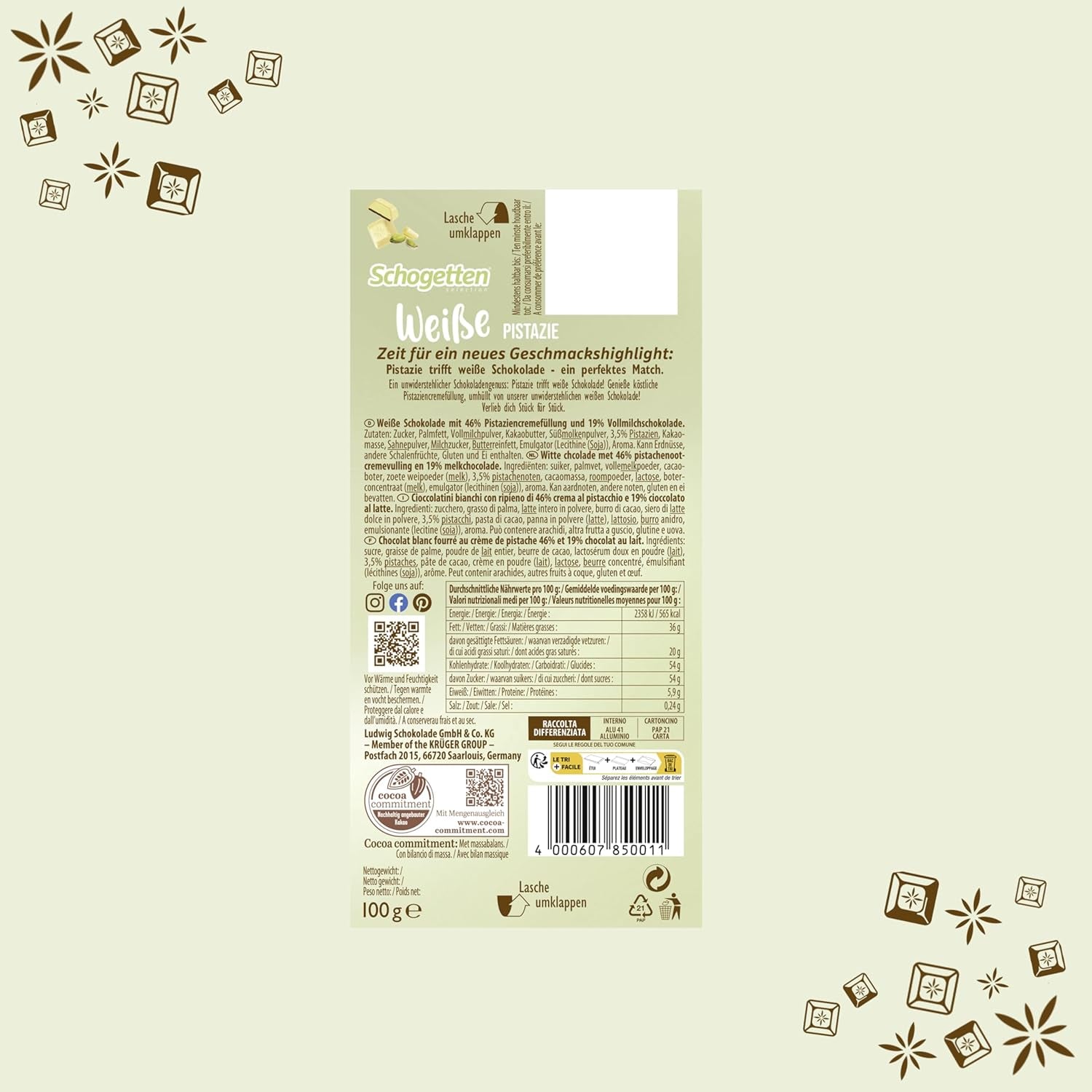 Schogetten Biała Pistacja | Biała czekolada z nadzieniem z kremu pistacjowego | 100 g | Wygodnie porcjowane (zestaw 3 szt.)