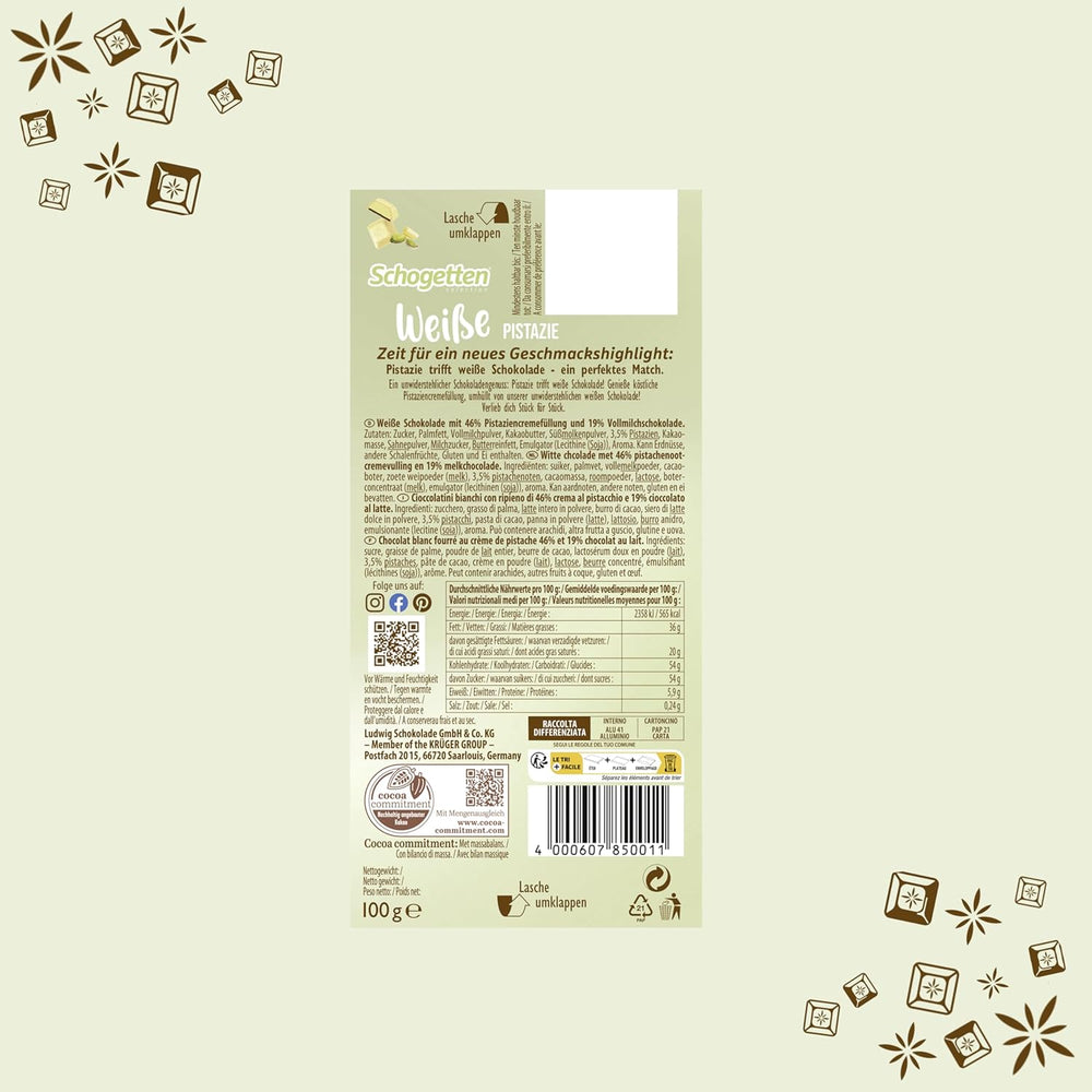 Schogetten Biała Pistacja | Biała czekolada z nadzieniem z kremu pistacjowego | 100 g | Wygodnie porcjowane (zestaw 3 szt.)