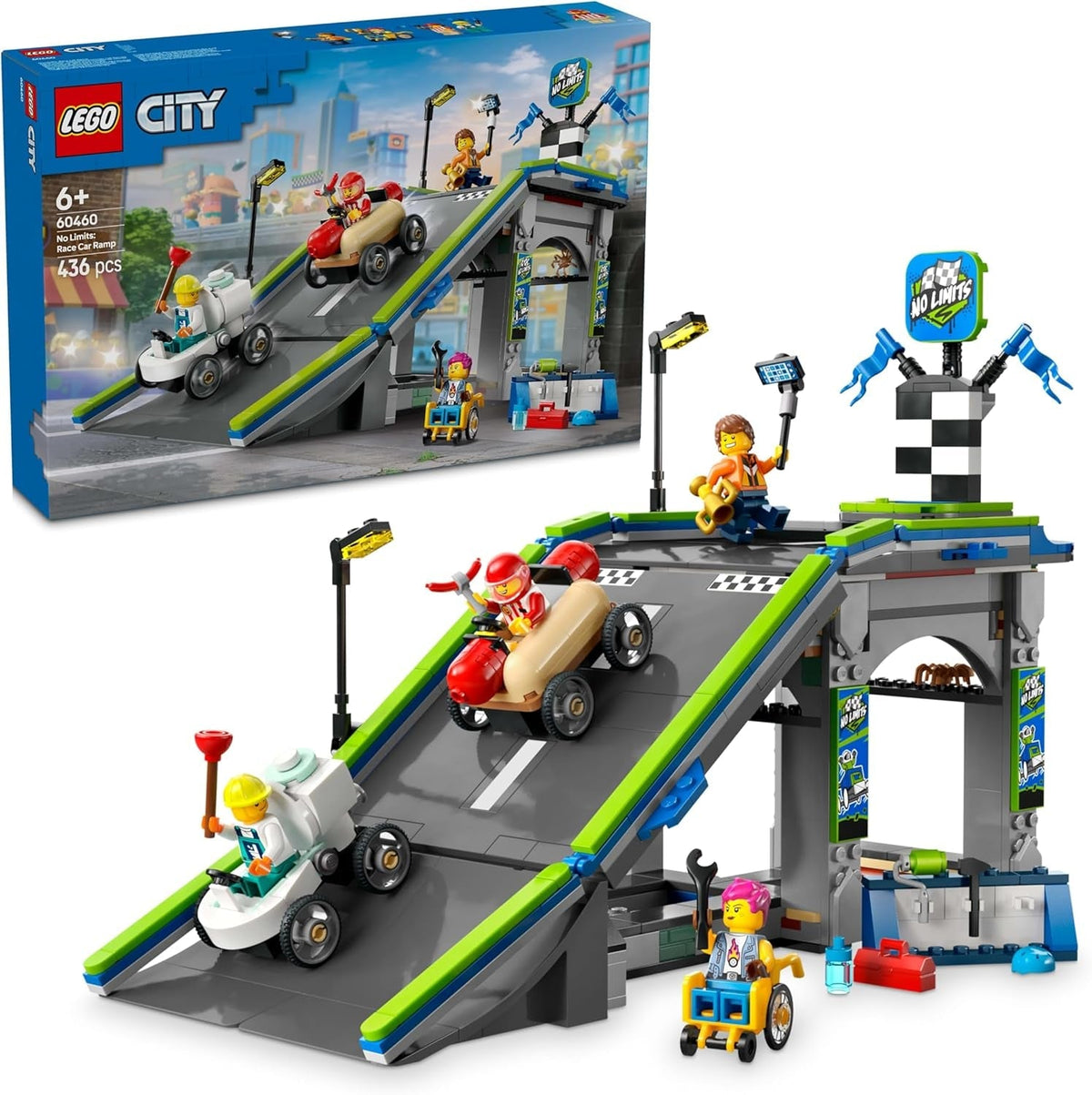 LEGO City No Limits: Wyścig w mydelniczce z rampą - Zabawka konstrukcyjna dla chłopców i dziewcząt od 6 lat - Zestaw z 2 mydelniczkami i 4 minifigurkami kierowców - Pomysł na prezent dla dzieci 60460 Zestawy do budowania Besuche den LEGO-Store Domyślny tytuł