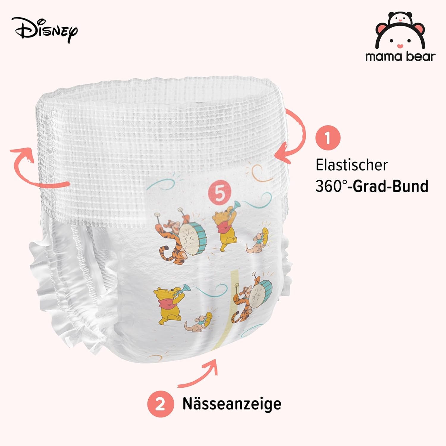 Marka Amazon: pieluchy Mama Bear Disney, rozmiar 5 (12-17 kg) - pudełko miesięczne, białe, 140 sztuk (2 opakowania po 70 sztuk)