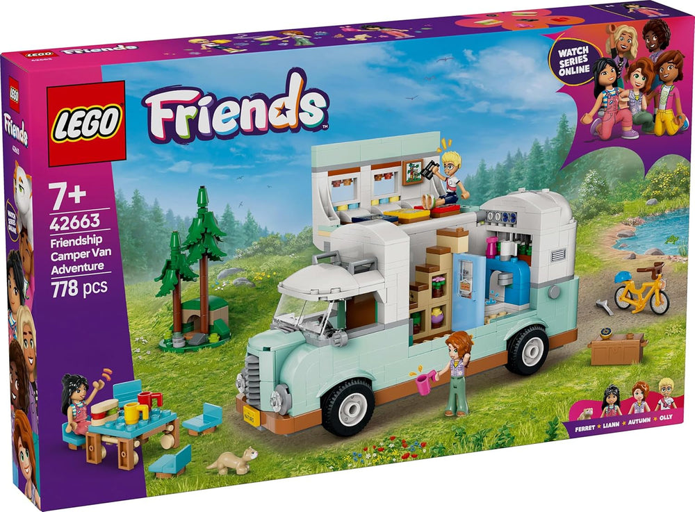 Przyczepa LEGO Friends, zestaw do budowania do odgrywania ról z przyczepą kempingową, prezent dla dziewczynek w wieku od 7 lat, kreatywny zestaw z 3 minifigurkami i figurką zwierzątka fretki 42663 Zestawy do budowania Besuche den LEGO-Store