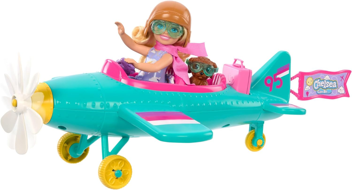 Barbie Chelsea Samolot i zestaw do zabawy – lalka pilot, samolot, rączka i akcesoria do opowieści, koła i śmigła z kwiatową nóżką, wiek: 3+, HTK38 Naty Shop Dolls Domyślny tytuł