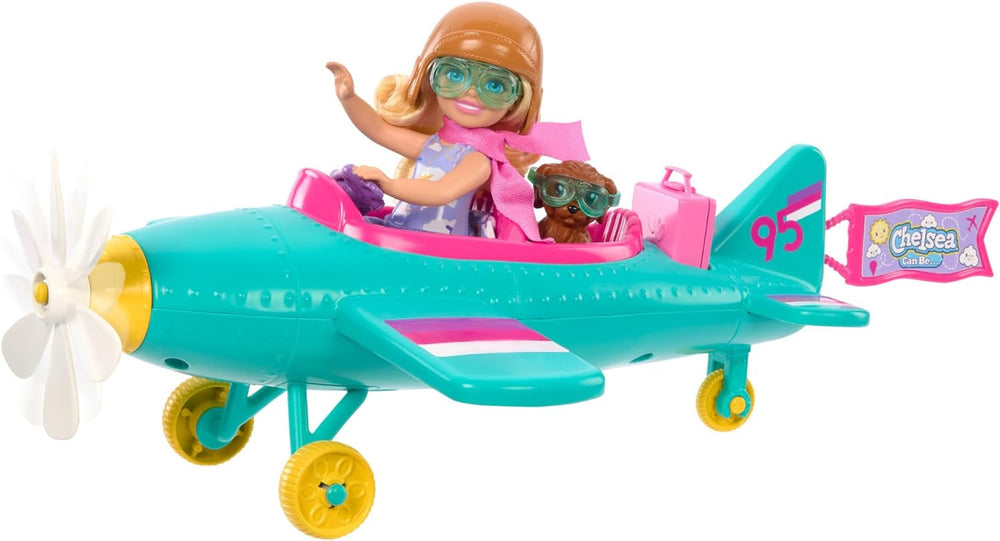 Barbie Chelsea Samolot i zestaw do zabawy – lalka pilot, samolot, rączka i akcesoria do opowieści, koła i śmigła z kwiatową nóżką, wiek: 3+, HTK38 Naty Shop Dolls Domyślny tytuł