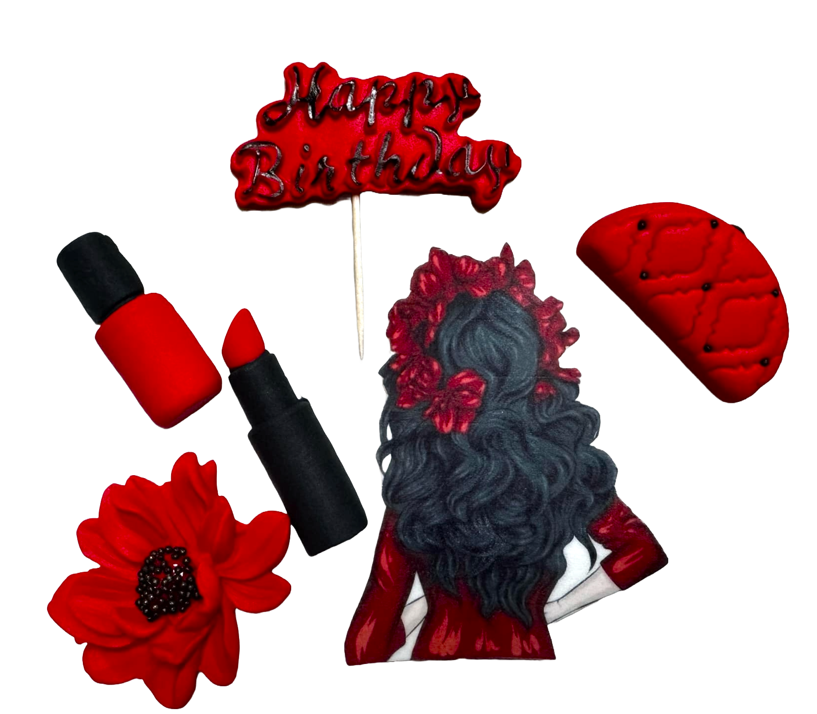Set 6 decoratiuni comestibile din pasta de zahar, Beautiful Lady, Rosu si Negru Decoratiuni din Pasta de Zahar Naty Shop