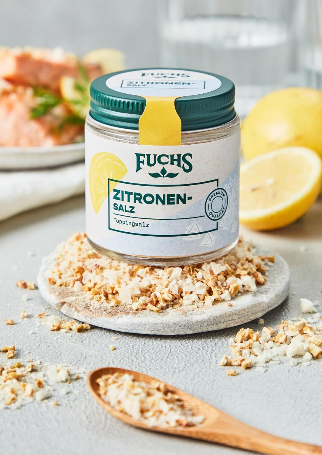 Fuchs Gewürze - Citronensalz | Toppingsalz z Pyramidenflocken i Zitrone | Chrupiące Verfeinerung für Fisch und Gemüse | Sól cytrynowa w jakości Premium | 60 g im wiederverschließbaren Gewürzglas
