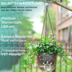 Zestaw 2 samonawadniających się wiszących donic, wisząca doniczka o średnicy 16,5 cm z 3 haczykami i otworami drenażowymi do użytku wewnątrz i na zewnątrz, dekoracja sufitu, balkonu i ściany (szara)