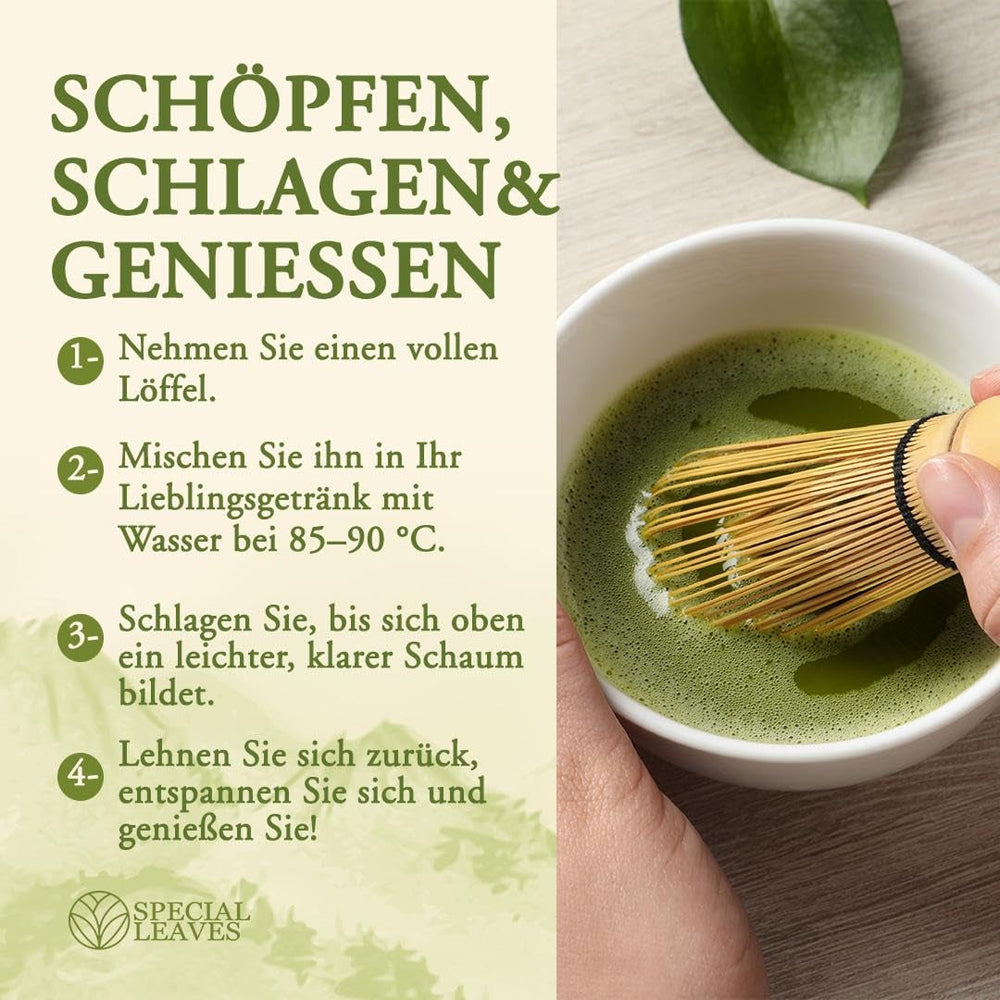 Pudră Matcha - 90 g - 100% naturală și măcinată fin - Pentru ceai și Matcha Latte - Fără aditivi - Calitate superioară din tradiția japoneză a ceaiului - Ceai verde premium de la Special Leaves