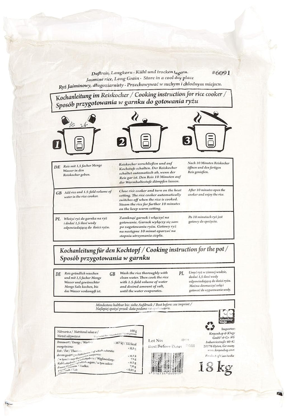 Ryż pachnący/ryż jaśminowy, długoziarnisty, jakość AAA, 1 opakowanie (1 x 18 kg)