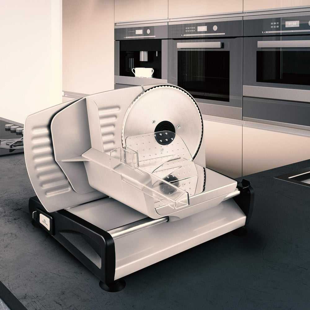 Chodź! Krajalnica elektryczna uniwersalna, stal nierdzewna, ostrze ze stali nierdzewnej 19 cm, kontrola grubości cięcia do 15 mm, 150 W Niszczarki i Krajalnice Naty Shop