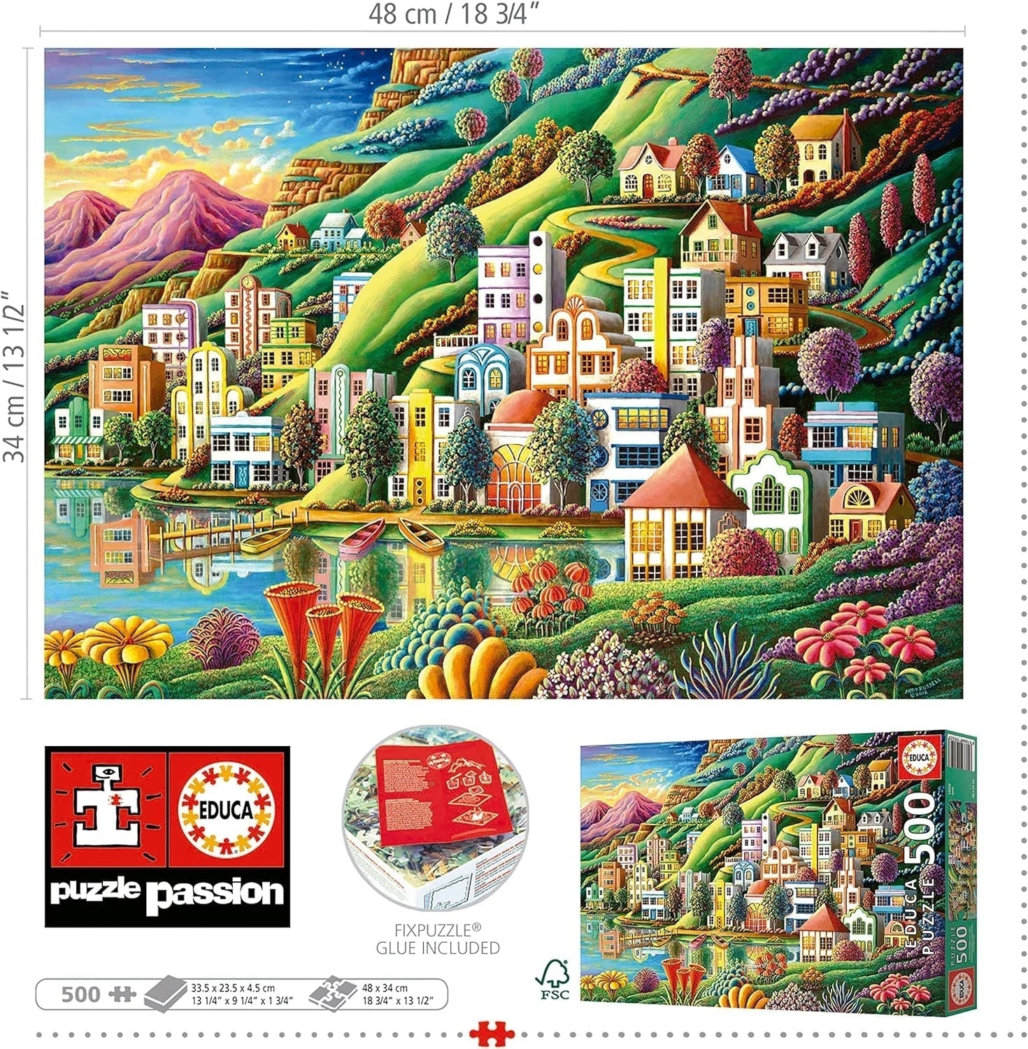 Educa - Puzzle 500 piese pentru adulți | Satul colorat de lângă lac, puzzle 500 piese pentru adulți și copii de la 11 ani, puzzle peisaj, ilustrație (19552) Puzzle Naty Shop