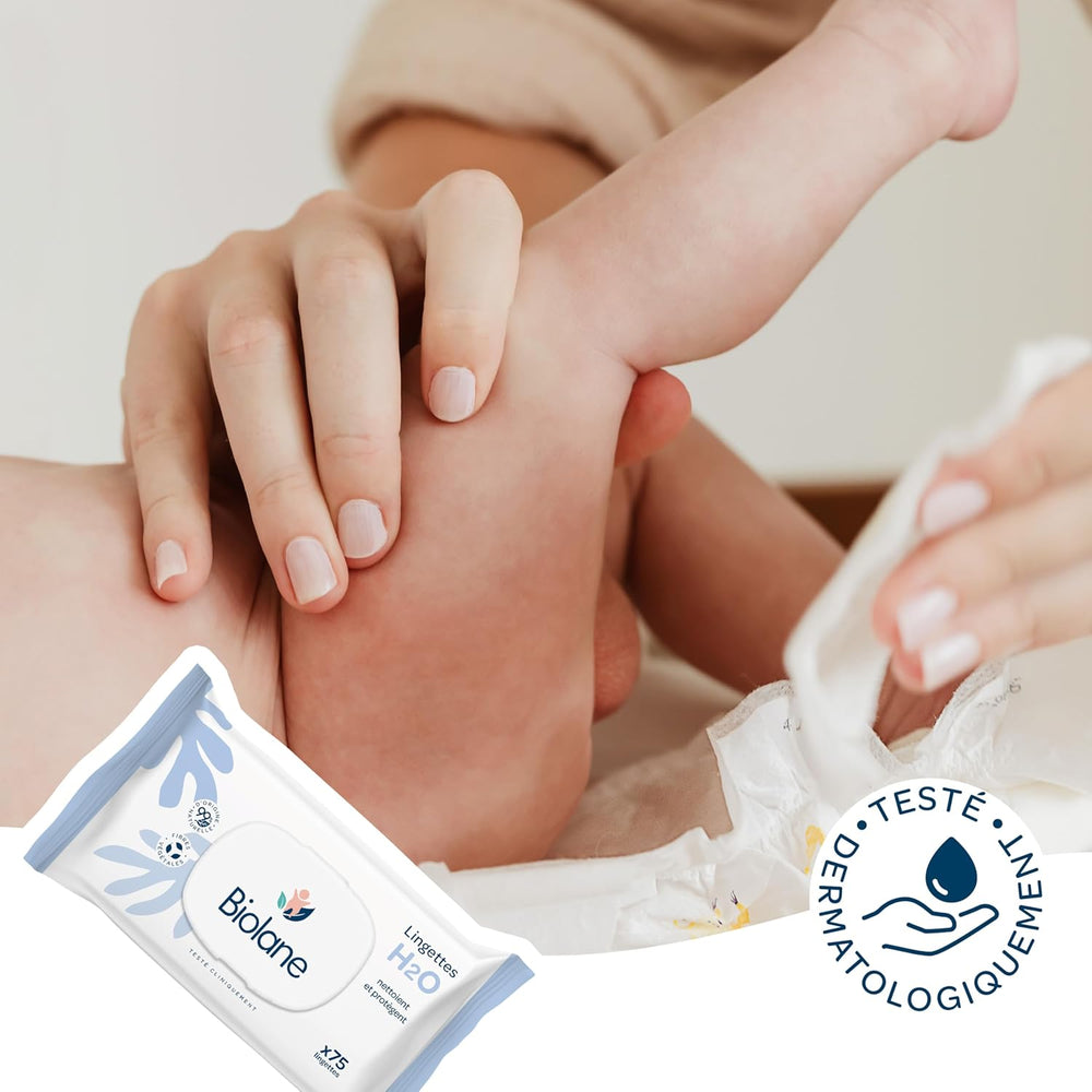 BIOLANE - Chusteczki nawilżane dla niemowląt z wodą - 225 chusteczek - 3 x 75 sztuk - Delikatne i skuteczne czyszczenie - Od urodzenia - Francuska jakość