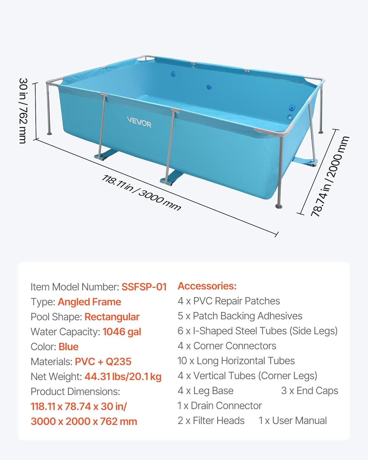 Basen ramowy VEVOR Basen naziemny 3000x2000x762mm Basen z ramą stalową Prostokątny basen z ramą stalową Basen z ramą ogrodową Basen ogrodowy o pojemności 3960 l Pojemność wodna Basen ogrodowy dla 4-5 osób Niebieski
