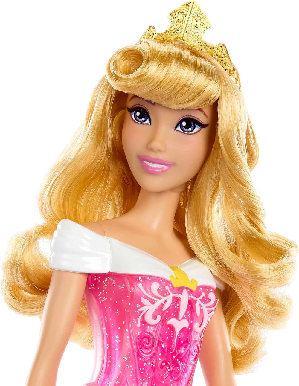 Mattel DISNEY Prințesa Aurora - păpușă cu ținută tipică, pantofi detașabili și diademă, top strălucitor și fustă detașabilă cu model, păr lung de coafat, HLW09 Papusi Naty Shop