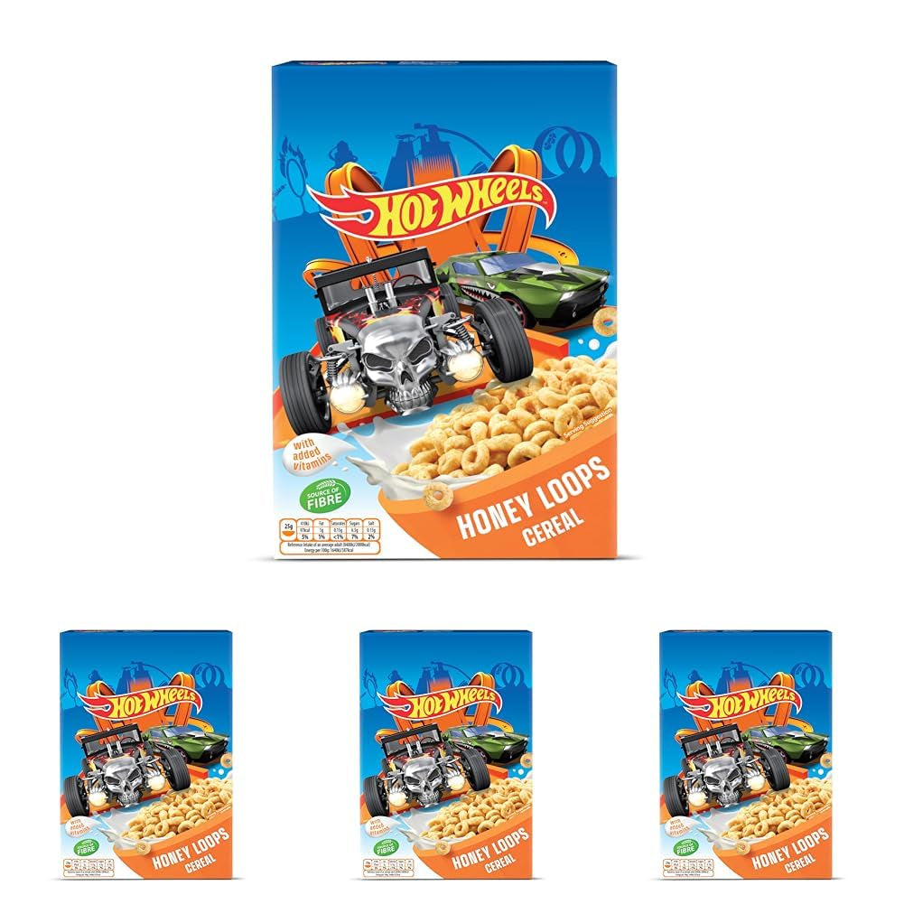 Hot Wheels Honey Loops Chrupiące pełnoziarniste płatki śniadaniowe z dodatkiem witamin, 1 opakowanie (1 x 375 g)