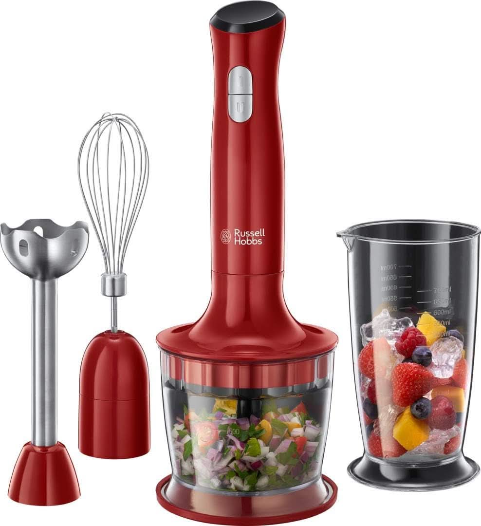 Mikser stojący Russell Hobbs [3 w 1: Pürierstab/Zerkleinerer, Mixer- i Schneebesenaufsatz] Desire Rot (bez Bpa i Spülmaschinenfestes Zubehör, Für Smoothie, Suppen Saucen, Joghurt Babynahrung) 24700-56 Kitchen Naty Shop Rot Mittel