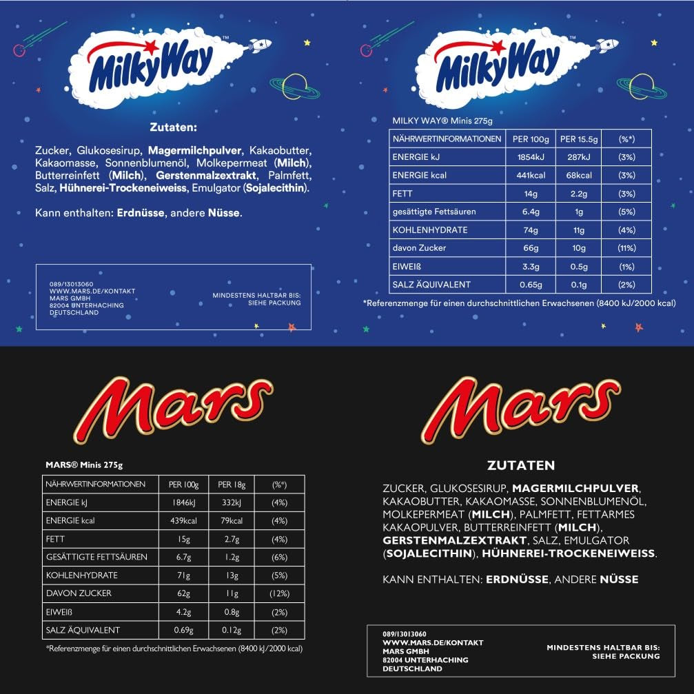Mini opakowanie zbiorcze mieszanej czekolady, 20 mini czekoladowych przekąsek (Mars, Snickers, Bounty, Twix, Milky Way), jako cukierki, prezent czekoladowy, pudełko cukierków, 400g