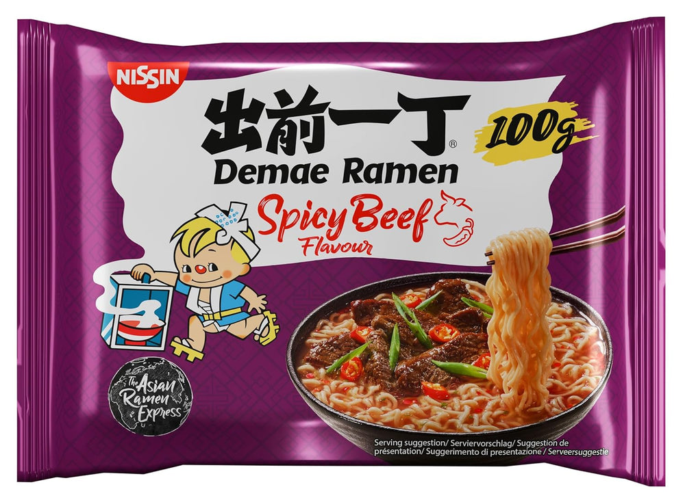 Nissin Demae Ramen - pikantna wołowina 10 opakowań makaronu błyskawicznego po japońsku o smaku wołowiny i przypraw azjatyckich Szybkie i łatwe w przygotowaniu jedzenie azjatyckie (10 x 100g)