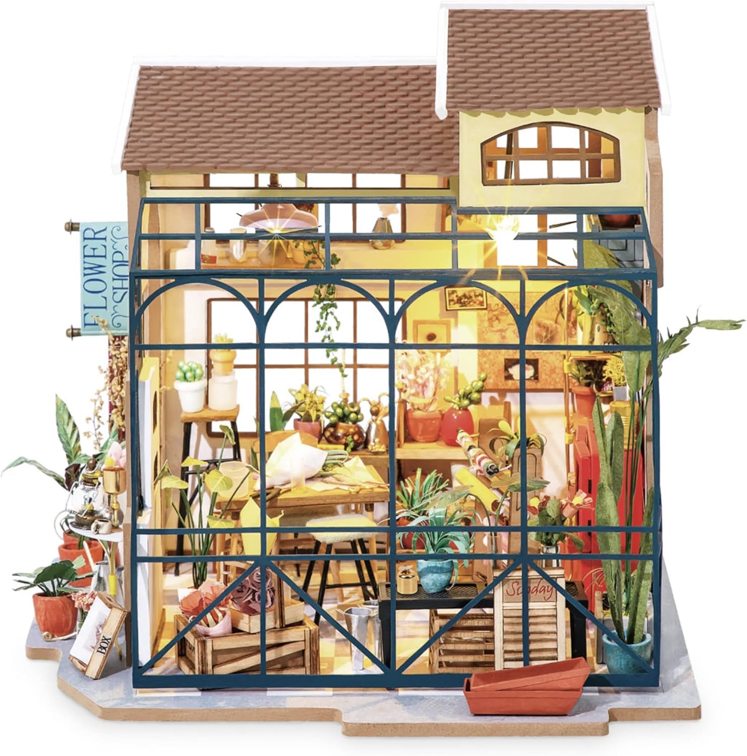 Robotime DG145 Rolife Emily's Flower Shop Miniaturowy domek dla lalek Wykonany z drewna, metalu, tkaniny i kartonu, Wymiary: 22 X 15 X 17 Cm, Domy dla lalek Naty Shop