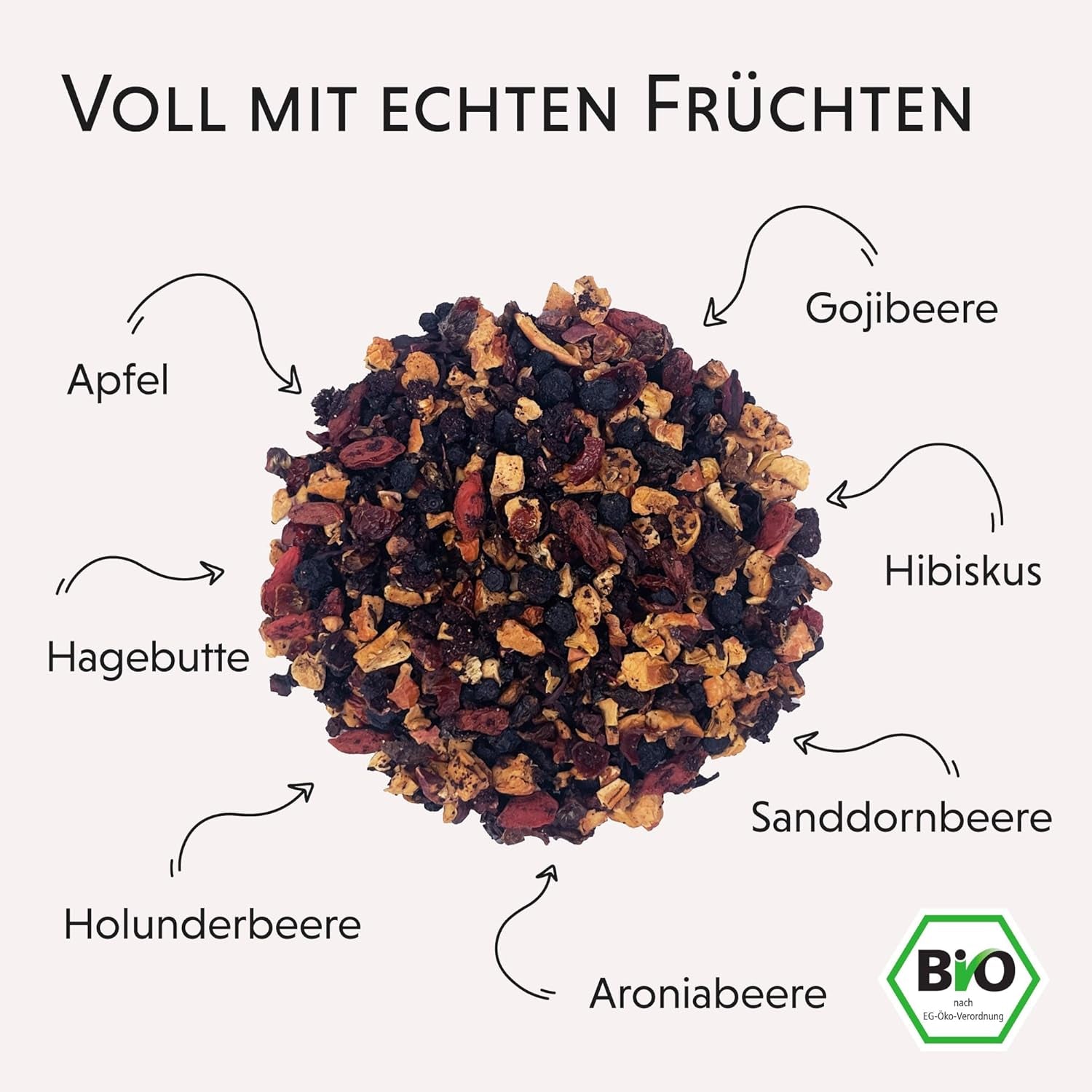 Ceai natural din fructe BIO vrac, fără arome, delicat și natural, cu fructe de cătină, fructe de soc și fructe de aronia, 200 g