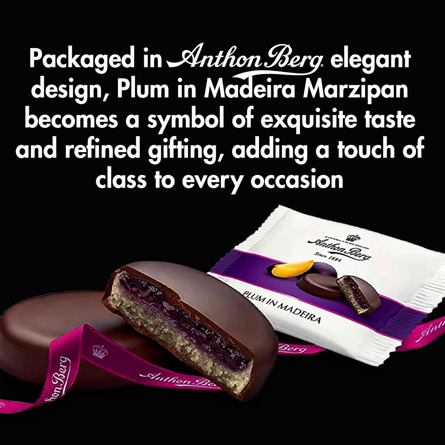 Śliwka na Maderze – 220g – Specjalność marcepanowa z owocami i alkoholem – 8 monet z ciemnej czekolady z galaretką śliwkową i winem Madera – Pomysł na prezent