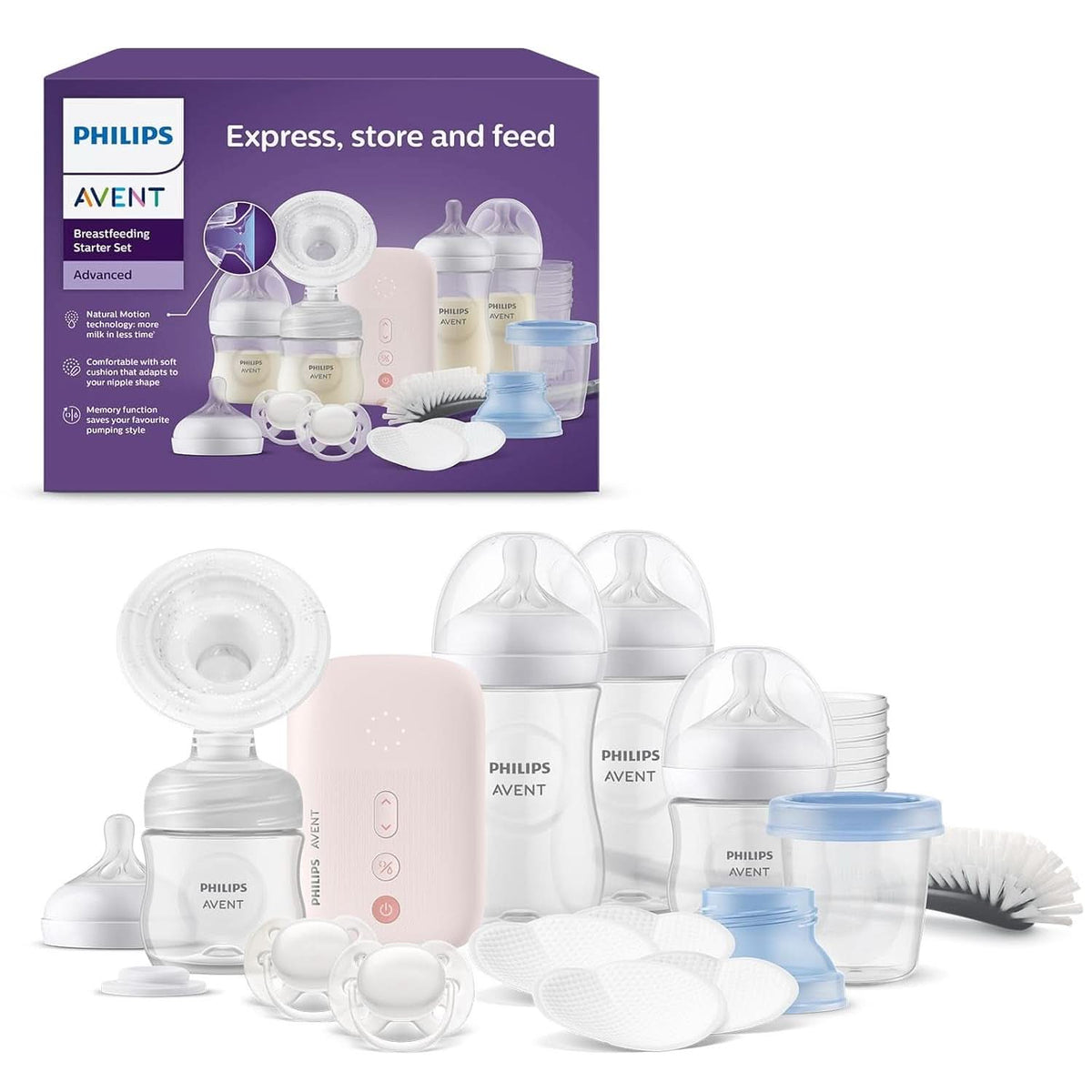 Philips Avent Elektrische Natural Motion Milchpumpe - Zestaw Zum Abpumpen, Aufbewahren Und Füttern Inkl. Flaschen, Schnuller Und Becher (Modell SCD340/31) Żywność i akcesoria do karmienia piersią Sklep Bebe Naty
