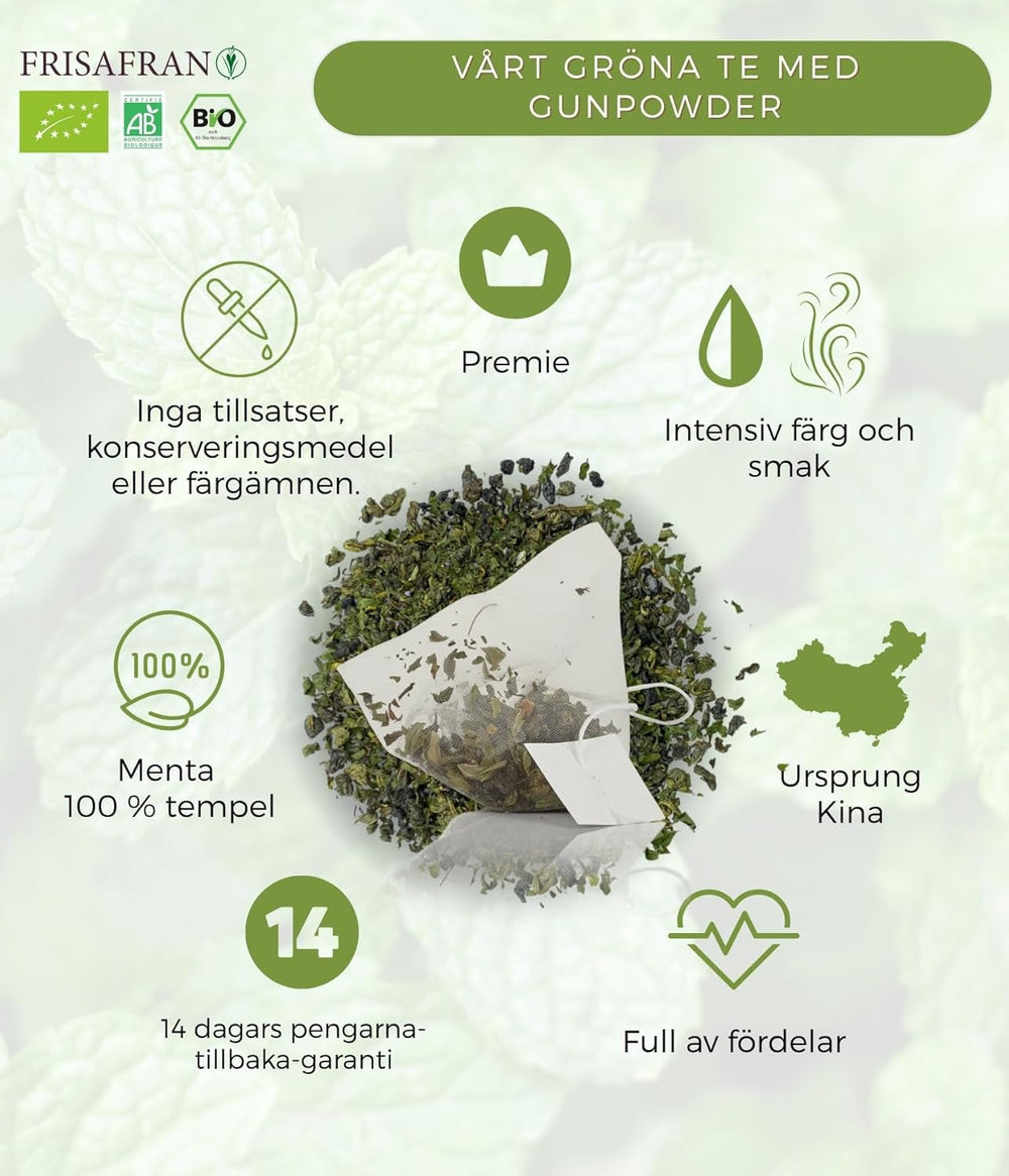 FRISAFRAN | Ceai verde organic Mint Gunpowder în piramide 30 unități | 60G | Antioxidant | Ceai verde japonez | Digestiv | Băutură răcoritoare | Infuzie de mentă | Ceai pur | Frunze de mentă | Cald-rece