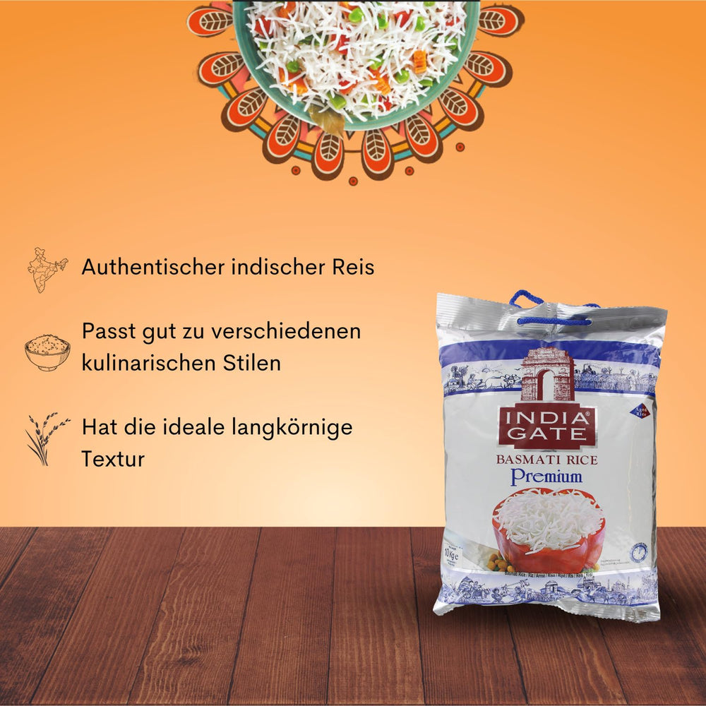 INDIA GATE Premium Basmati Rice – Długoziarnisty drobnoziarnisty, aromatyczny ryż z Indii, drobnoziarnisty długoziarnisty (1 x 5 kg)