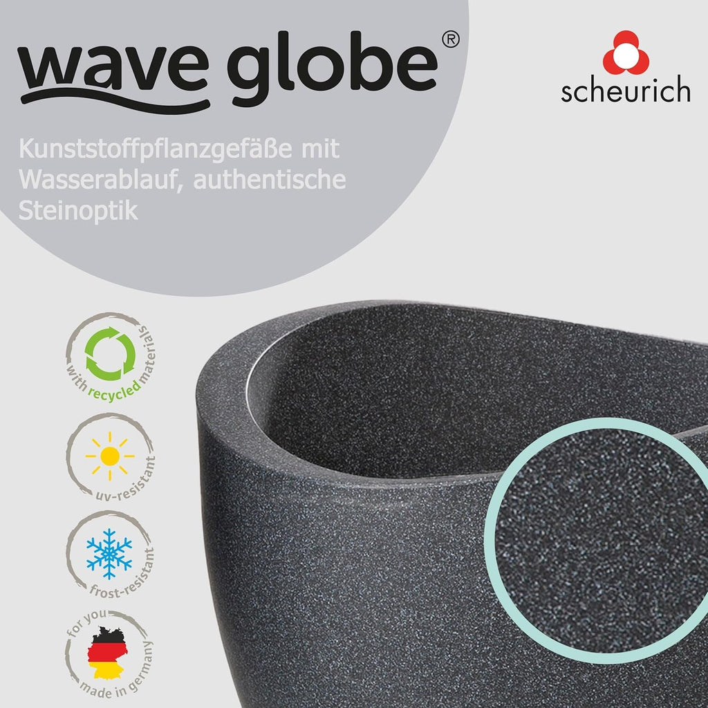 Ghiveci Scheurich Wave Globe, din plastic, granit negru, diametru 30 cm, înălțime 22 cm, volum 19 l.