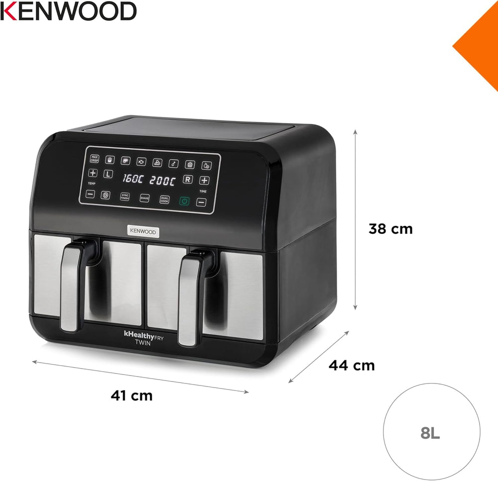 Kenwood Khealthy Twin Airfryer, 8L (2X4L), dwukomorowa, 8 programów, funkcja Dual Cook & Sync Finish, ekran dotykowy