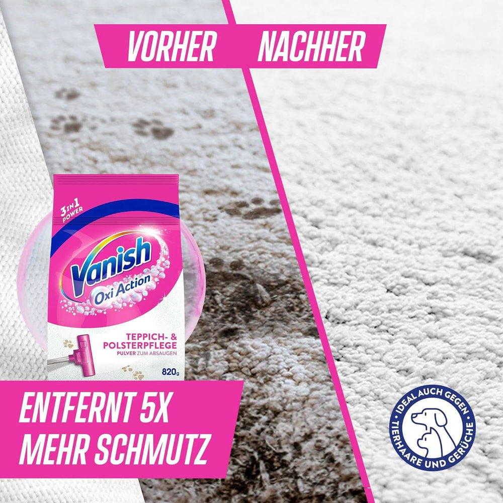 Proszek do czyszczenia dywanów i tapicerki Vanish Oxi Action - 1 X 820 G - Czyści duże powierzchnie dywanów i tapicerki z brudu, zapachu i kurzu. Detergenty do prania Naty Shop