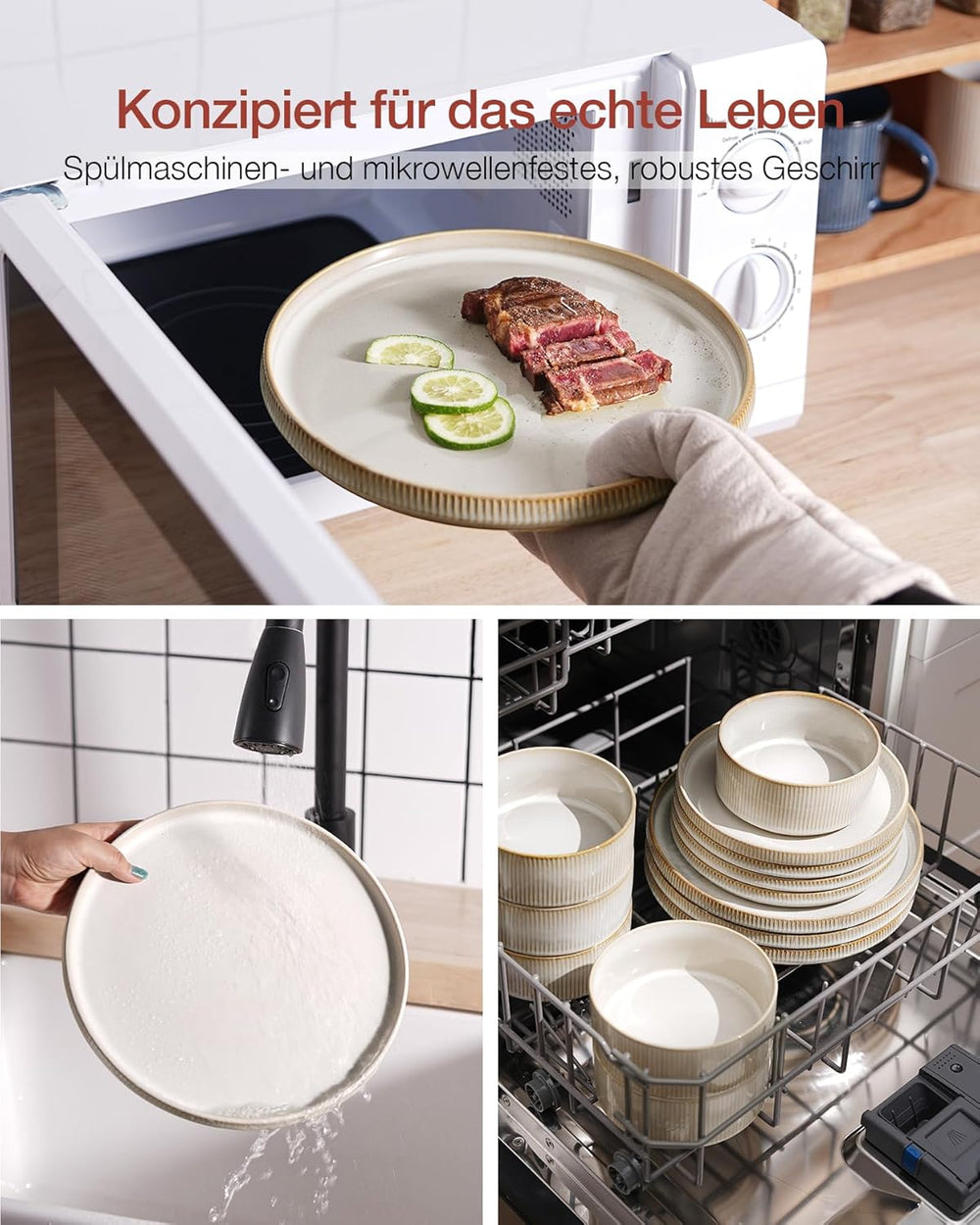 Set de veselă Star cu 18 piese, set de veselă pentru 6 persoane, set de veselă din gresie, rezistent la zgârieturi, potrivit pentru cuptorul cu microunde și mașina de spălat vase, alb cappuccino