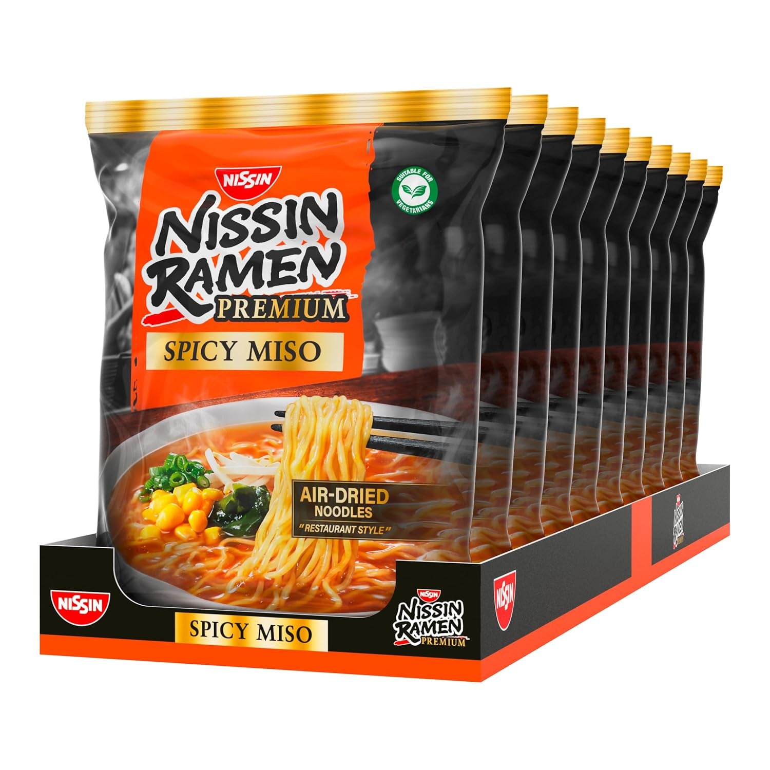 Nissin Ramen Premium - Miso Spicy 10 sztuk makaronu instant suszonego na powietrzu w stylu japońskim do ramenu „w stylu restauracyjnym” o lekko pikantnym smaku płatków miso i wakame (10 x 90,7g)