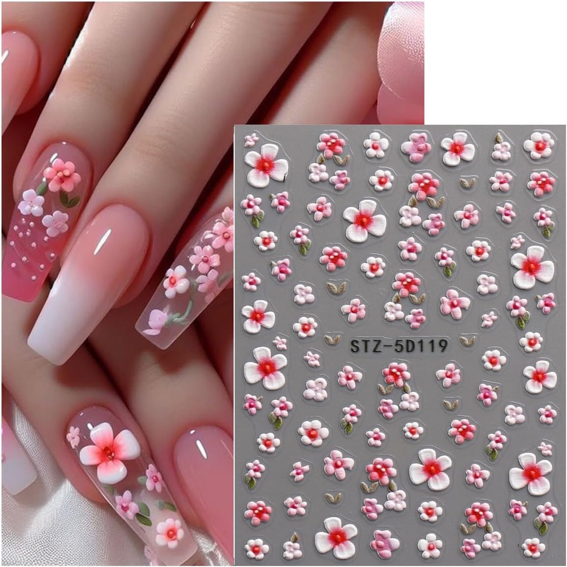JMEOWIO 3D Nagelsticker Blume Nail Art Sticker Selbstklebend Nagelaufkleber 5D Stereoskopisch Frühling Sommer Floral Dekoration Nageldesign Zubehör 4 Blatt