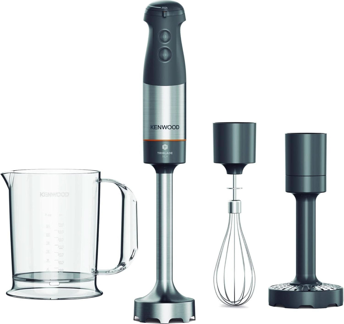 Kenwood Triblade XL Pro Stabmixer HBM80.322BK, 1200W, Zmienna prędkość, Edelstahl(Pürierfuß), Schneebesen, Emulgieraufsatz, 500Ml Zerkleiner, 700 i 250Ml Becher, Spülmaschinenfeste Teile Bucatarie Naty Shop Grau Hbm60.007Gy