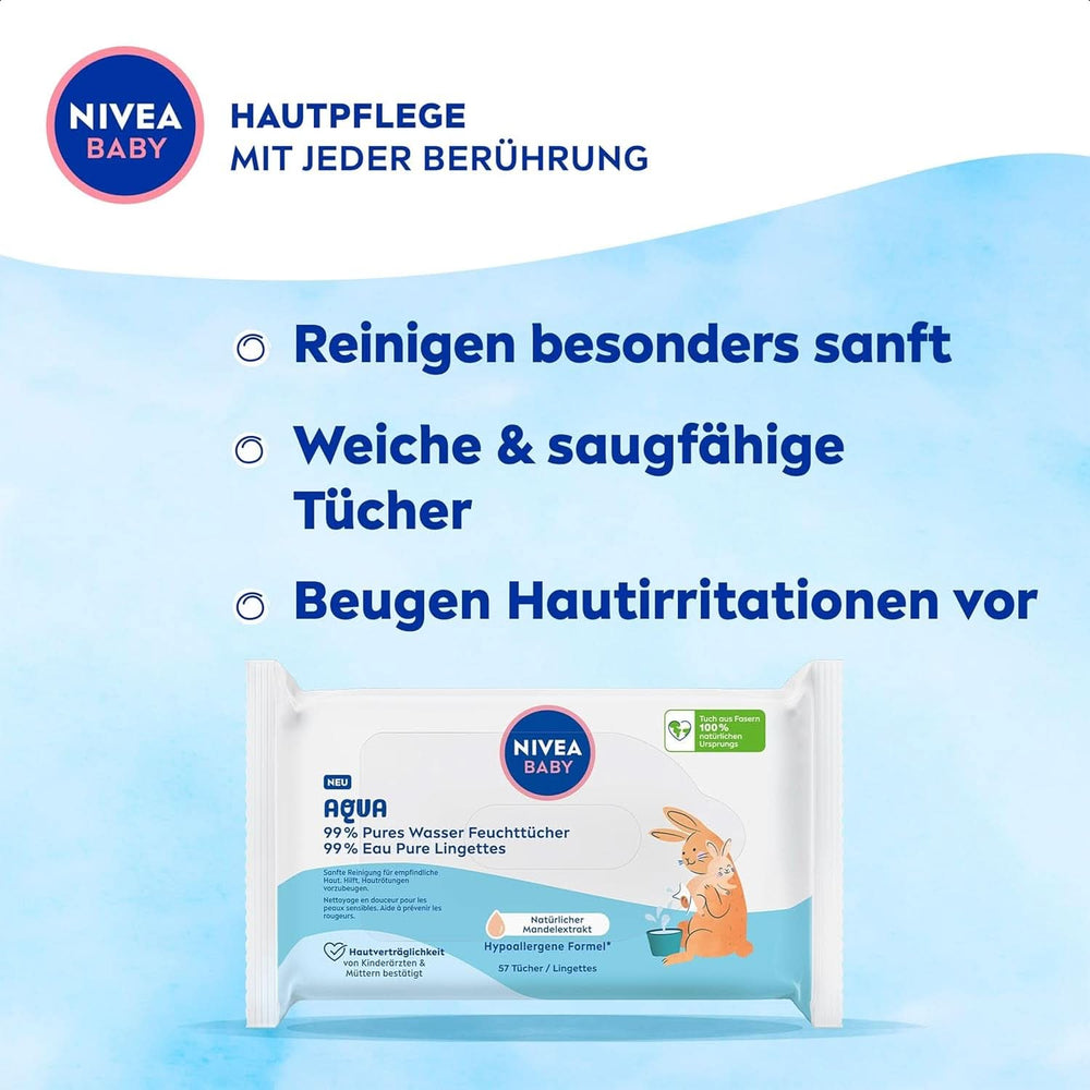 NIVEA Baby AQUA Feuchttücher, Baby Feuchttücher Zur Sanften Reinigung Empfindlicher Haut, Hypoallergene Und Parfümfreie Feuchttücher Für Babies Mit 99% Wasser (1 X 57 Stück) Chusteczki nawilżane dla niemowląt Naty Shop