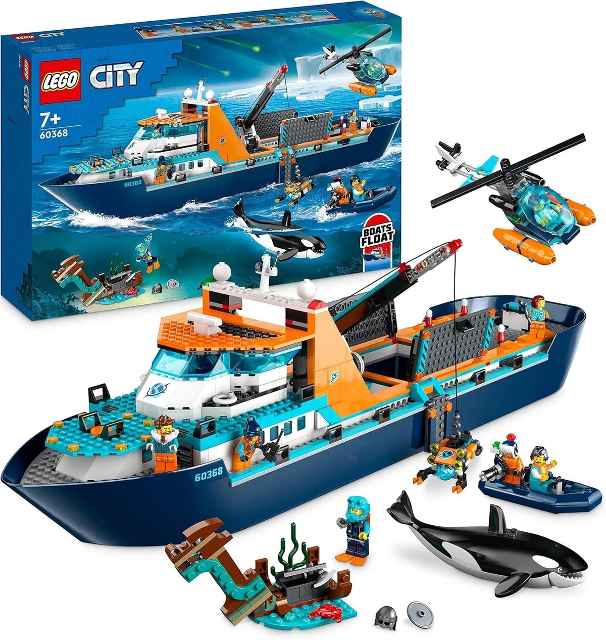 LEGO City Arktyczny statek badawczy, duża pływająca łódź zabawkowa z helikopterem, ponton, łódź podwodna Rov, wrak Wikinga, 7 minifigurek i figurka orki, prezent dla dzieci w wieku powyżej 7 lat 60368 Zestawy do budowania Besuche den LEGO-Store Single