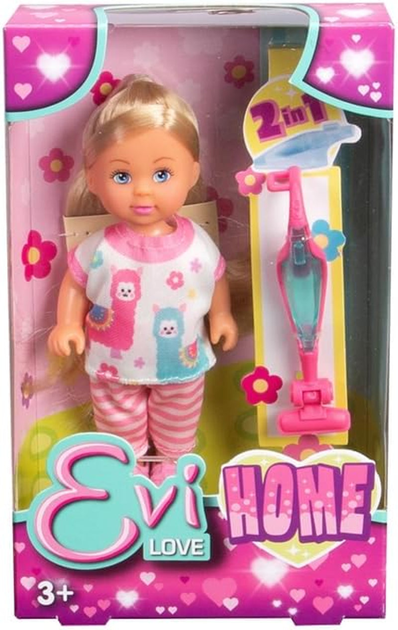 Simba Evi Love Home Puppe – Ankleidepuppe z 2w1 Staubsauger, Haushalts Rollenspiel z Zubehör, kleine Modepuppe zum Spielen, 12 cm, ab 3 Jahre