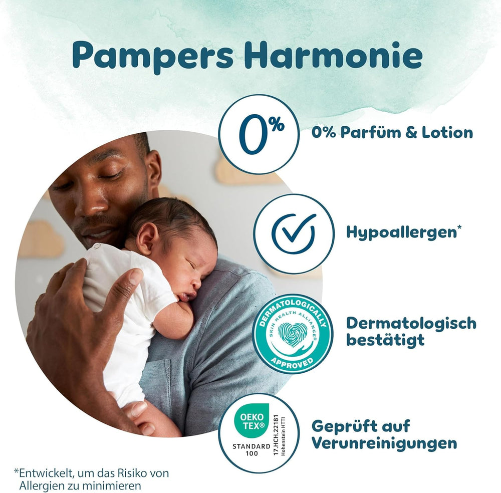 Pieluchy Pampers Harmony Rozmiar 2, 204 pieluszki, 4kg-8kg, Delikatna ochrona skóry ze 100% ochroną Pampers