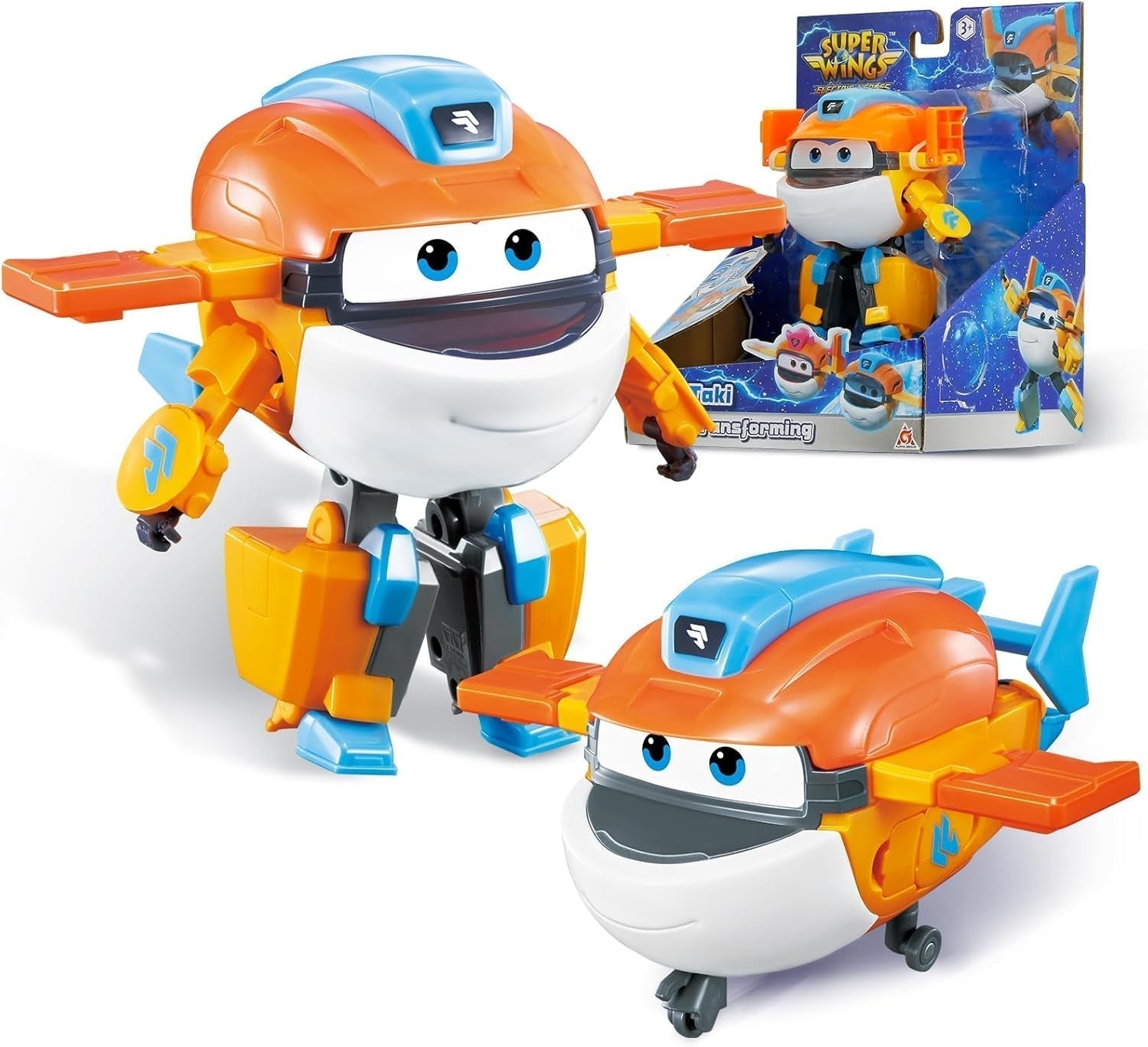 Samolot transformacyjny Super Wings z doładowaniem, ok. 12,7 cm duża figurka dla dzieci zabawka samolot i figurka robota dla chłopców i dziewcząt powyżej 3 lat srebrne figurki Naty Shop Taki