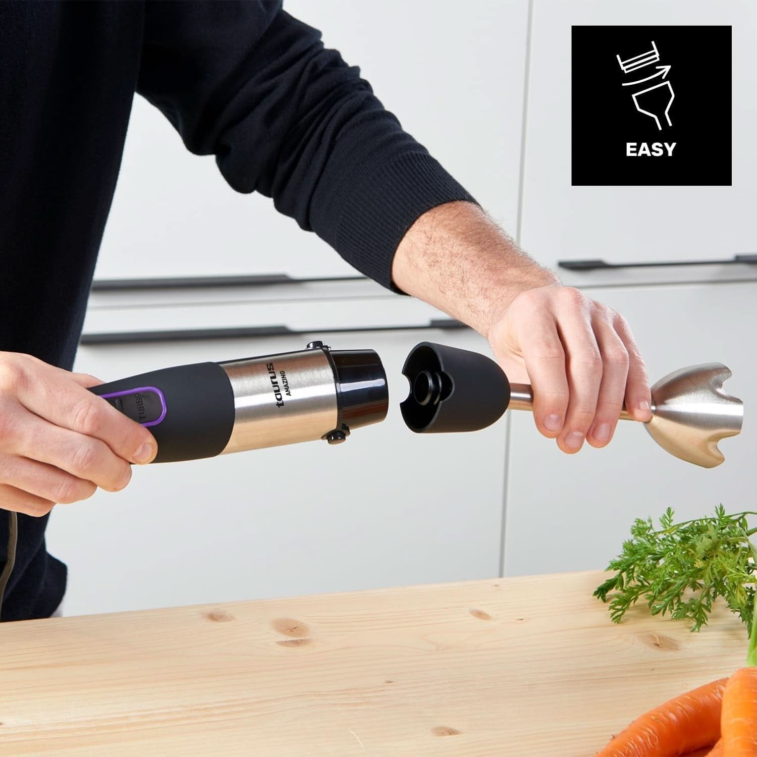 Mikser stojący Taurus 1000W | 20 Geschwindigkeitstufen | Funkcja Turbo | 4 Edelstahlklingen | Ergonomiczna konstrukcja typu Soft-Touch | Spritzschutz | Akcesoria | Edelstahl | Elektrisch |Kunststoff, Silber/Schwarz Sklep Naty dla matki i dziecka