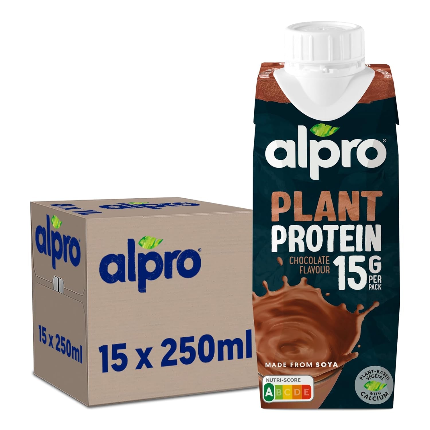 Alpro Proteindrink Schokoladengeschmack – Vegan und milchfrei – Ohne Süßstoffe – Von Natur aus lactosefrei – Reich an Balaststoffen, Calcium und Vitaminen – 15 x 250 ml – Haltbar